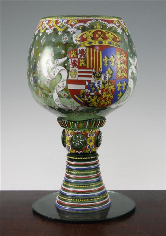 A German Historismus enamelled glass goblet, late 19th / early 20th century, 33cm